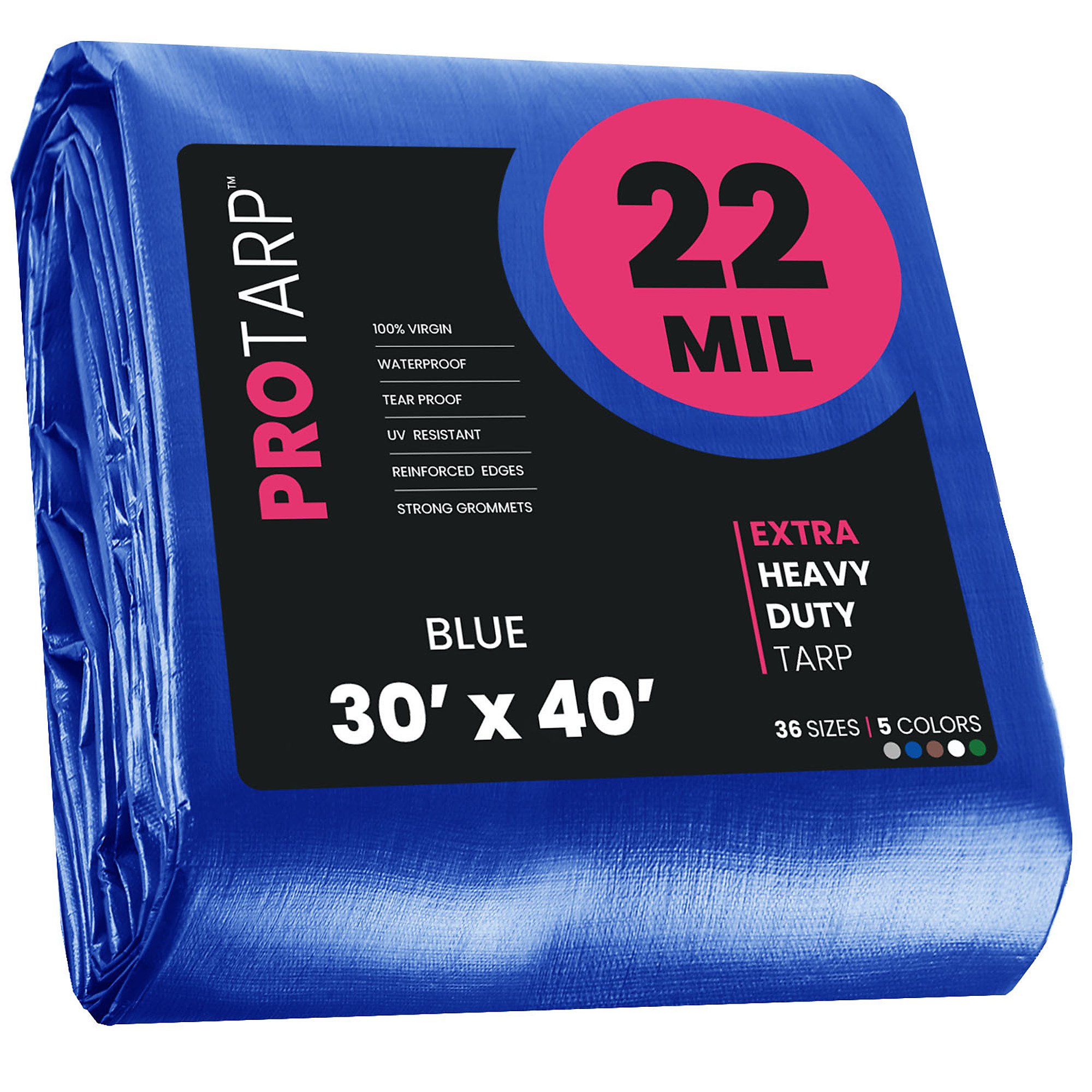 PROTARP Extreme Heavy Duty 22 Mil Tarp Cover, Waterproof, UV Resistant, Rip and Tear Proof, Poly Tarpaulin with Reinforced Edges for Roof, Camping, Patio, Pool , Boat. (Blue 30' X 40')